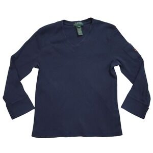 Lauren Ralph Lauren M Petite Navy Blue V-Neck Thermal Anchor Sleeve Pocket PM